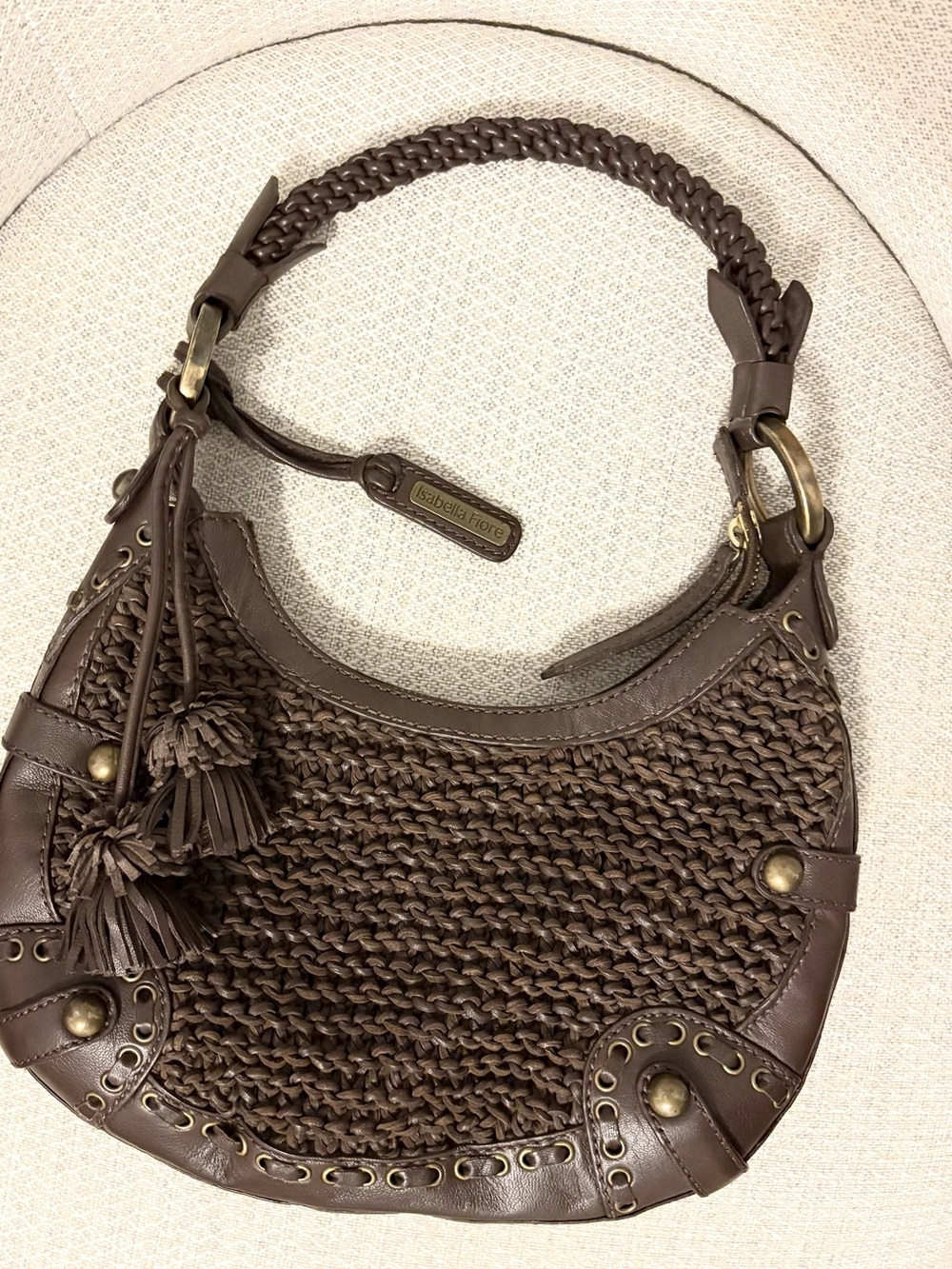 Isabella Fiore Chocolate Brown Leather Woven Hobo Handbag